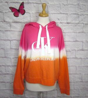Calvin Klein Jeans Women's size L Pink/Orange Dip Dye Logo Hooded Sweatshirt New